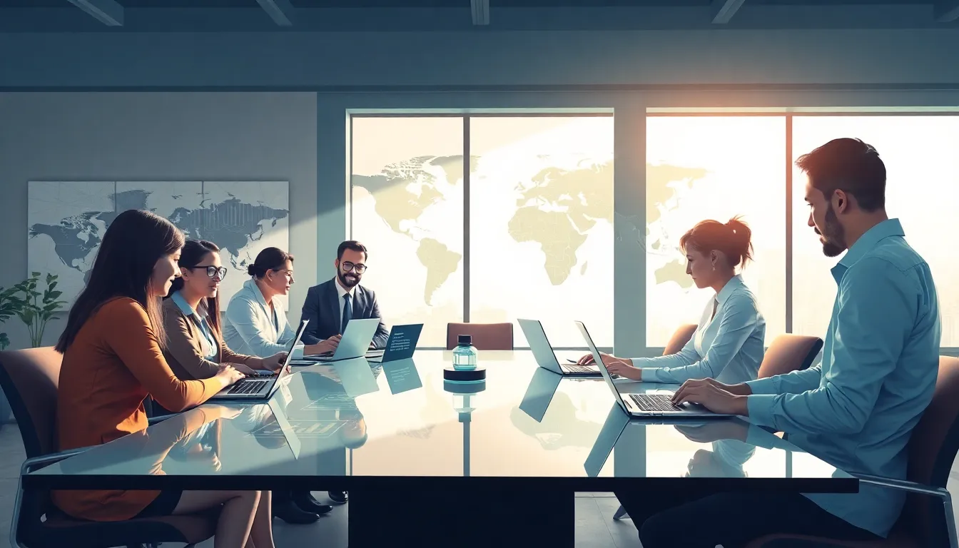 diverse team analyzing global economic trading strategies in a modern office.