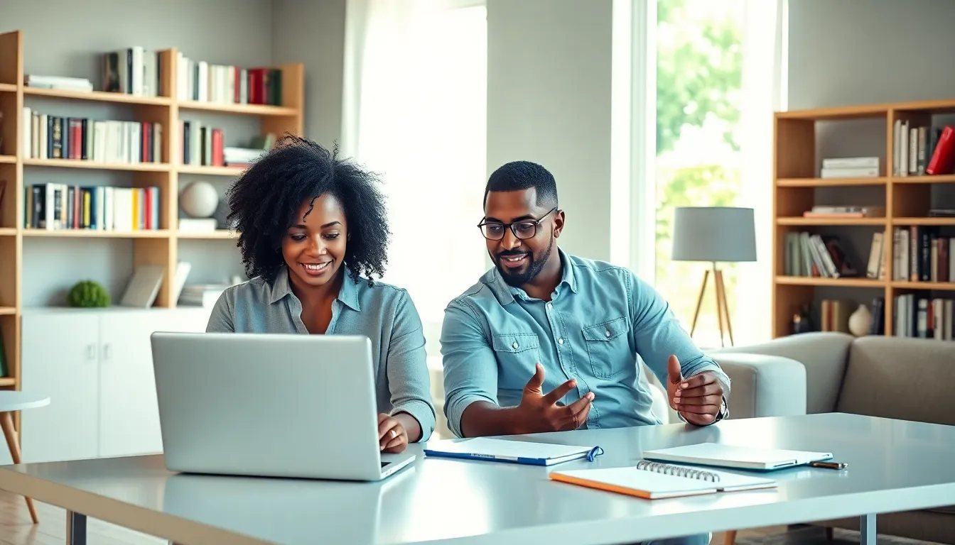 two professionals working in a modern home office on writing projects.