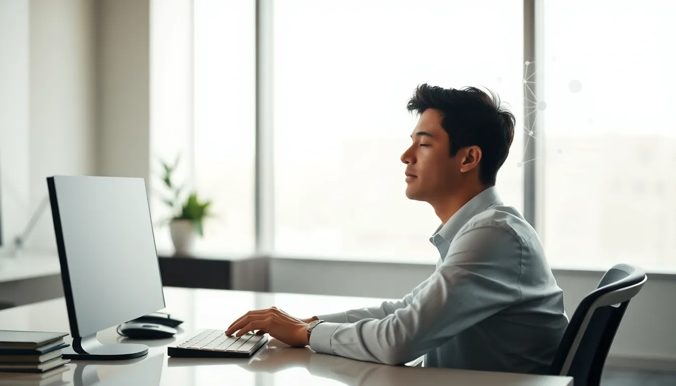 individual practicing remote viewing in a modern office setting.