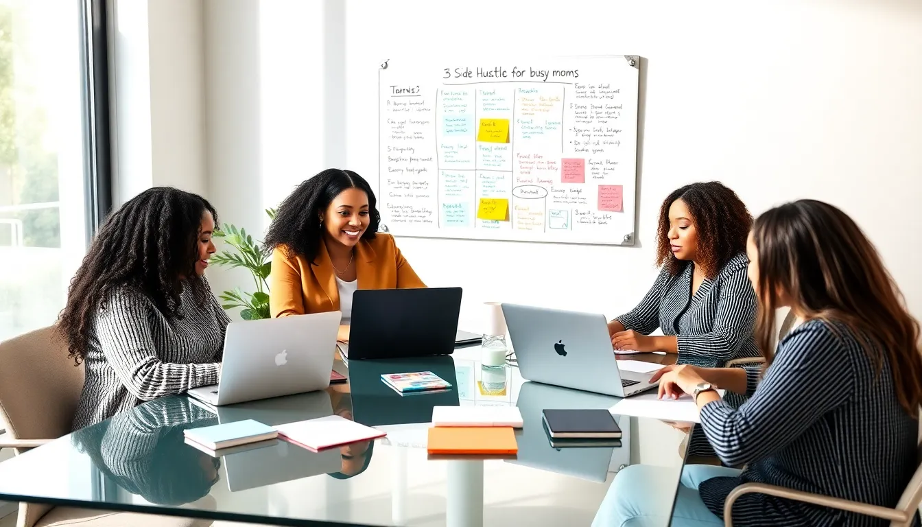 diverse group of moms brainstorming side hustle ideas in a modern office.