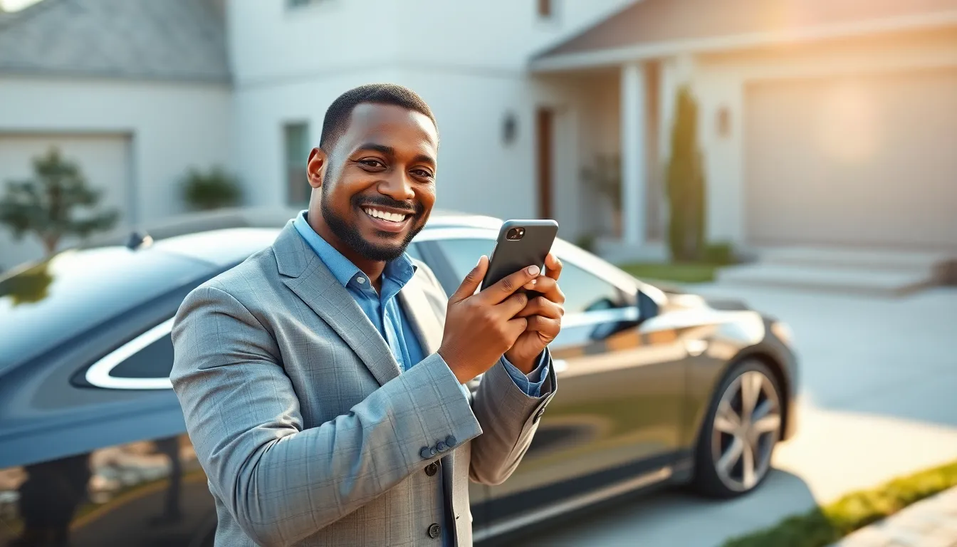 man using a smartphone to remotely start a car outside a home.