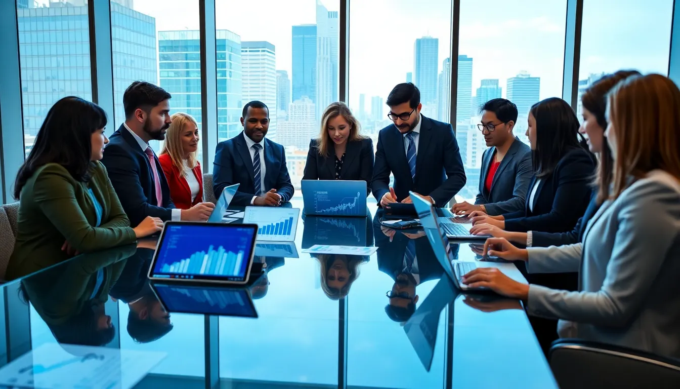 diverse analysts discussing economic trends in a modern office
