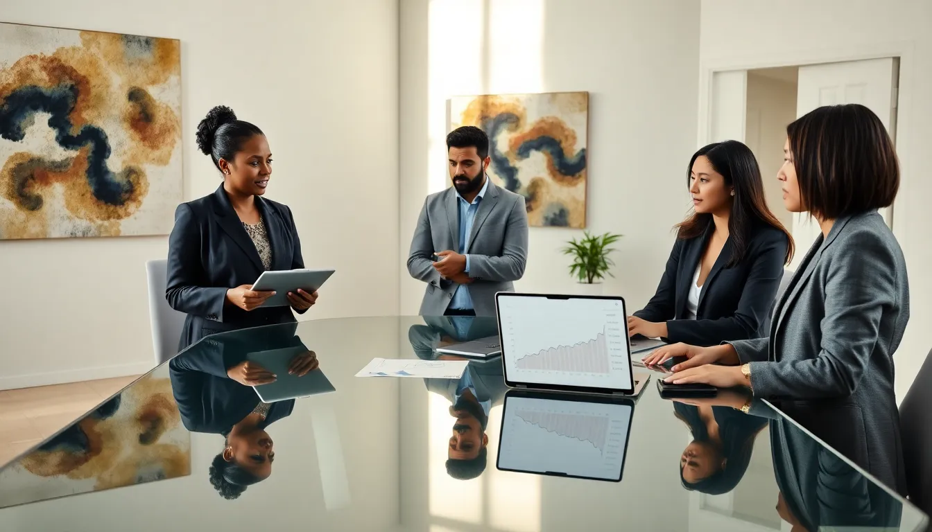 diverse professionals discussing economic cycles in a modern office setting.