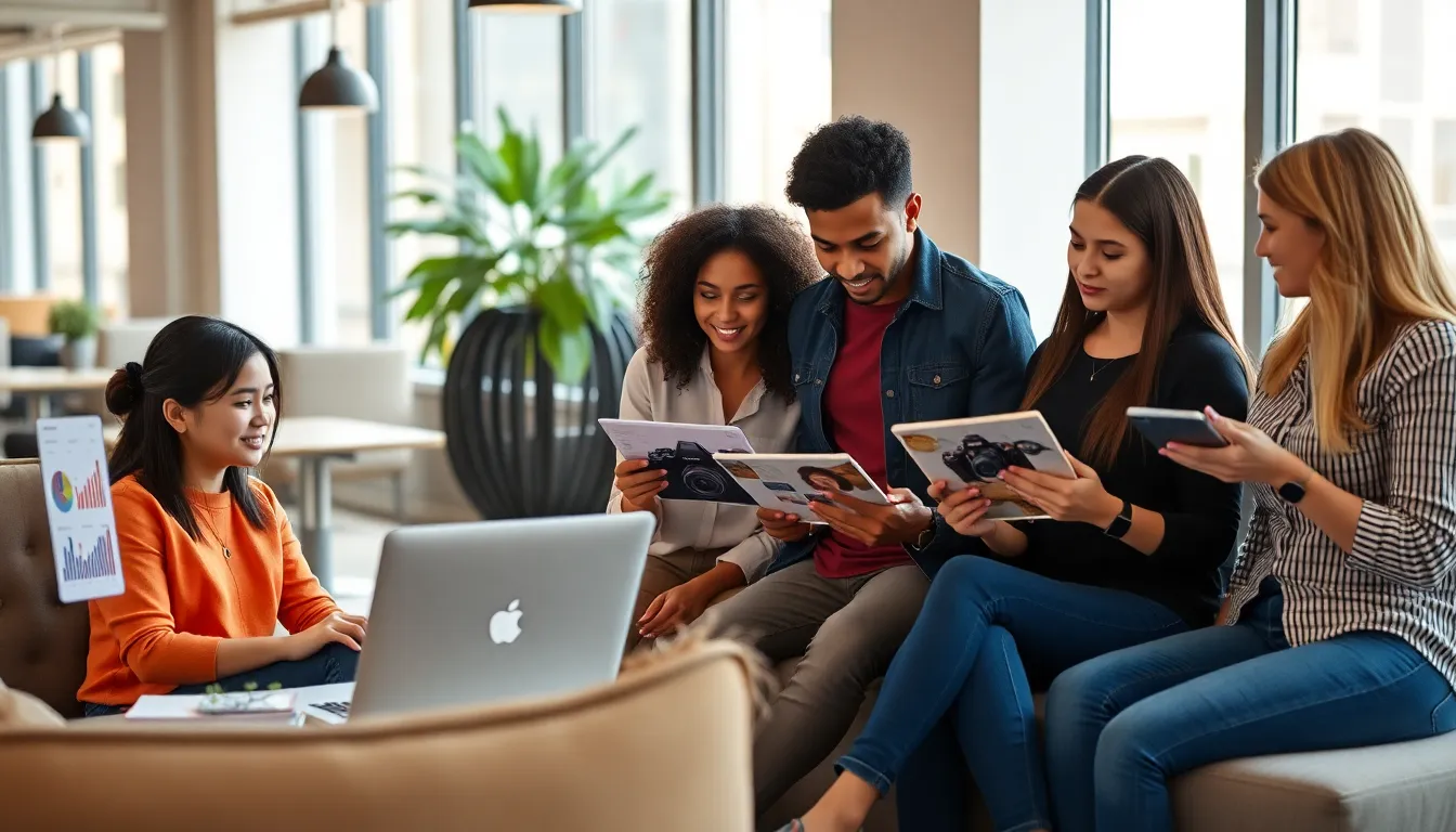 diverse college students working on various side hustles in a modern workspace.